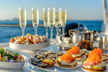 A luxury brunch set up on a yacht, with a table showcasing gourmet foods like lobster eggs...