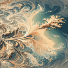 marbled fractal art - aerial view of shoreline in tan and blue