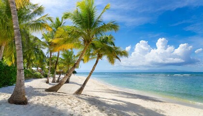 Fototapeta na wymiar Tropical beach, ocean shore, palms, blue sea, vacation concept