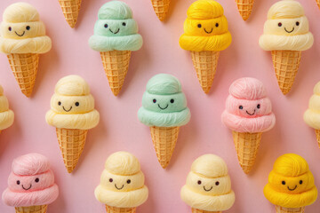 colorful handmade wool felt ice cream cones with cute faces pattern on pink background
