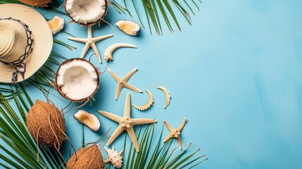 Fototapeta na wymiar Summer accessories with starfishes and coconuts on blue background - generative ai