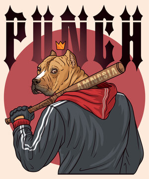 Hip Hop Dog with Crown and Bat - Pinch Swag Themed Illustration.  Stylized Illustration of a Dog with Crown and Baseball Bat - Thug Life Concept. Vector t-shirt print.
