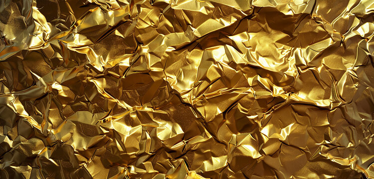 A gold foil crumpled texture, the creases and folds creating a complex landscape of highlights and shadows, evoking the tactile beauty and versatility of gold. 32k, full ultra HD, high resolution