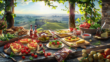 A rustic Italian brunch spread on an old wooden table, with dishes such as frittata, bruschetta...