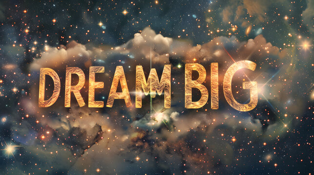 The phrase DREAM BIG formed by cloud-like shapes against a celestial backdrop of stars and galaxies
