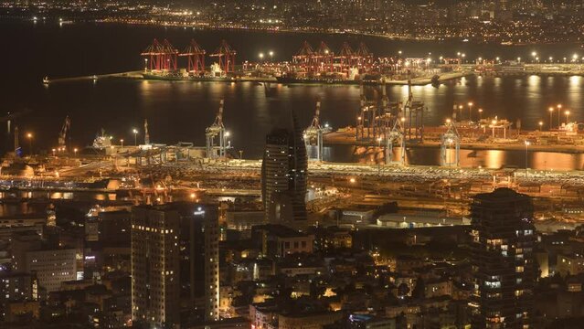 The night view of Haifa city, Israel, time lapse
