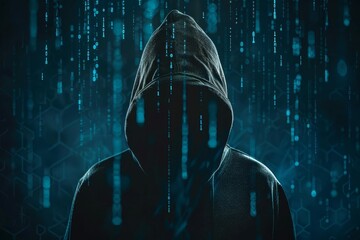 Unrecognizable Hacker in Hood with Dark Space and Matrix Face on Blue Digital Background, Cyber Attack Concept