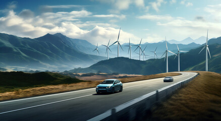 Car driving past wind turbines - obrazy, fototapety, plakaty