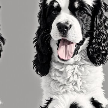 A black and white drawing of a cocker spaniel dog with its tongue hanging out of its mouth. - seamless and tileable