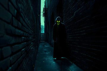 Mysterious neon shadowy figure in dark alley isolated on black background.