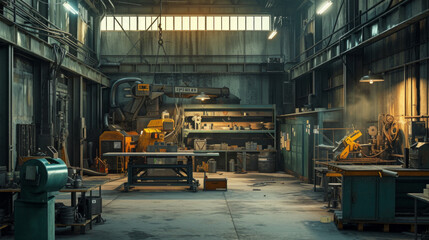 A metal fabrication workshop with welding stations and bending machines, momentarily silent but ready to create metal structures and components