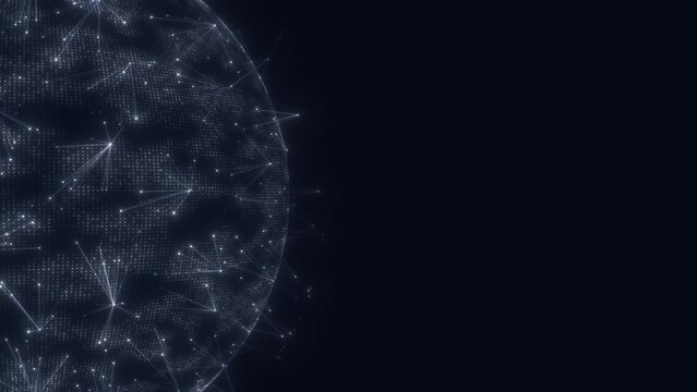 Digital sphere of particles with satellite network for global connection, loop animation, copy space