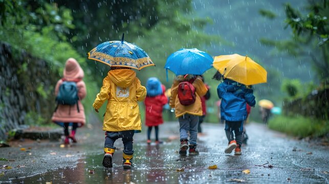 A group of children in colorful raincoats and umbrellas walk along a wet path, enjoying a rainy day on their way home from school, surrounded by lush greenery.