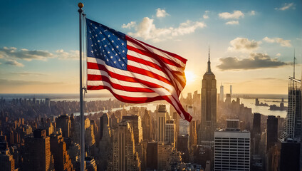 American flag on New York background patriotism - obrazy, fototapety, plakaty