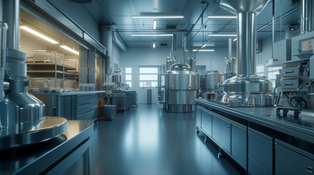 A pharmaceutical formulation plant with mixing vessels and tablet presses, temporarily at rest but ready to manufacture solid dosage forms