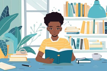 Determined African American boy studying diligently at home, overcoming reading difficulties, dyslexia concept illustration - obrazy, fototapety, plakaty