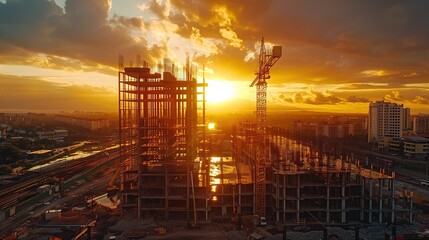 Aerial view of a construction site with a modern building under development, a golden sunset sky in the background.