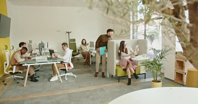 A contemporary office environment with a diverse group of professionals working on laptops and discussing projects, surrounded by indoor greenery.