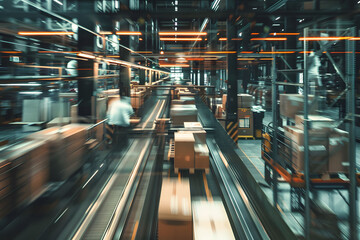 Busy warehouse with workers and boxes, capturing the fast-paced nature of stock reception in e-commerce production, with motion blur effects to emphasize speed. 