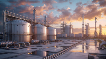 Obraz premium A chemical storage facility with storage tanks and containment systems, momentarily still but ready to store and handle hazardous chemicals safely