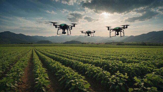 Agricultural drones flying over an agricultural field, scanning and analysing the crop. Smart agriculture, innovative technologies using artificial intelligence and 5G networks