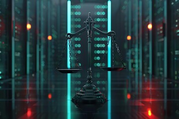 Scales of justice in front of a modern data center, symbolizing the duality of digital law and data in the modern world, concept illustration