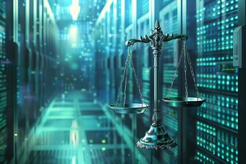Scales of justice in front of a modern data center, symbolizing the duality of digital law and data in the modern world, concept illustration - obrazy, fototapety, plakaty