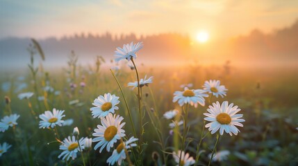 Chamomile field at sunset close-up