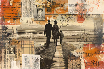 Collage of memory note, experience of life family from newspaper and handwritten text. Experience of life
