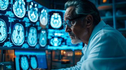 A neuroradiologist analyzes a patient's brain MRI on multiple screens - obrazy, fototapety, plakaty