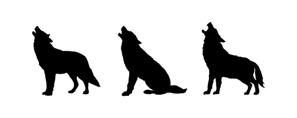 Set of  silhouette of a wolf howling at the moon © KR Studio