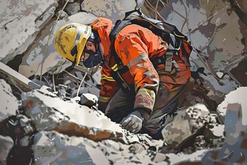 Rescue worker clearing rubble after earthquake disaster, heroic efforts, digital art - obrazy, fototapety, plakaty
