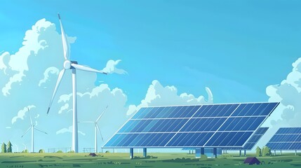 Solar panels and wind turbine on the blue sky background.