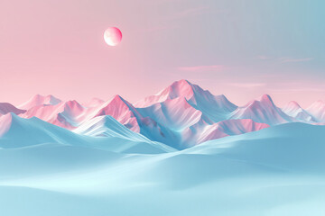 Sunset in mountains, pastel landscape in the style of futuristic surrealism