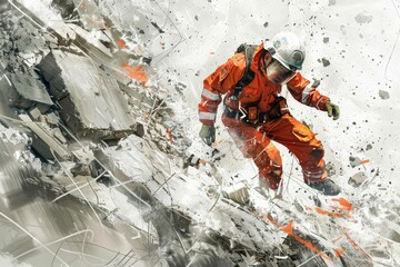 Rescue worker clearing rubble after earthquake disaster, heroic efforts, digital art - obrazy, fototapety, plakaty