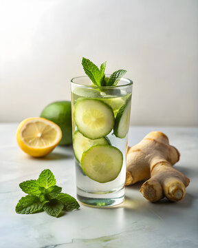 The glass of water with lime, lemon, and ginger, garnished with mint.