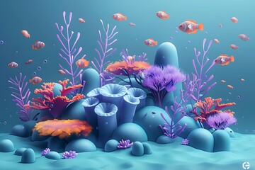3D aquatic world image including orange-red fish, purple sponges, blue seaweeds, algae, and turquoise coral reef. Tropical multicolored flora in a cartoon maritime environment. Nature of the ocean - obrazy, fototapety, plakaty