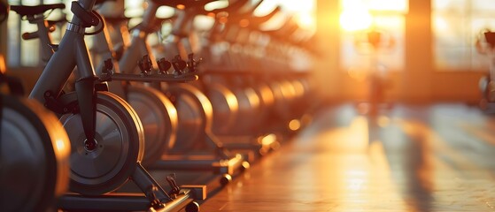 Sunlit Gym with Rows of Exercise Bikes Ready for a Busy Day. Concept Fitness, Wellness, Exercise Bikes, Gym, Health - obrazy, fototapety, plakaty