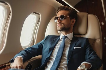Luxurious first-class private jet interior, successful businessman entrepreneur travels in style - obrazy, fototapety, plakaty