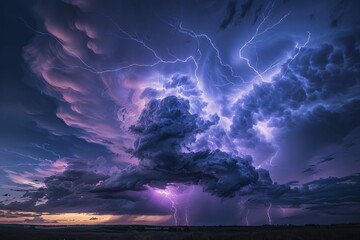 Dramatic stormy sky with multiple cloud to ground lightning strikes, powerful nature display - obrazy, fototapety, plakaty