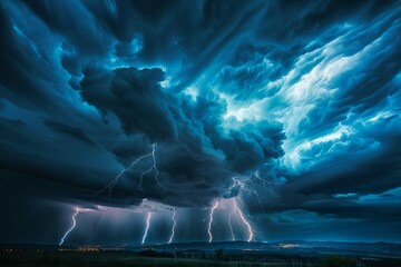 Dramatic stormy sky with multiple cloud to ground lightning strikes, powerful nature display - obrazy, fototapety, plakaty