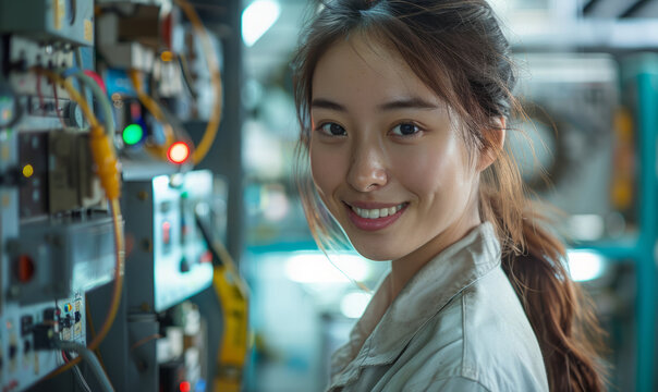 Young Chinese female electrician worker at work, realistic portrait, happy face.