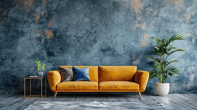 Retro style in living room interior with orange ofa and grey empty wall. 3d rendering.
