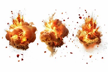 Multiple explosions isolated on white background, dramatic fiery bursts, action sequence