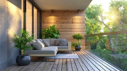 Obraz premium Modern wooden terrace with sofa and potted plants on the deck, overlooking green trees.