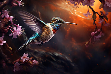 Colorful bird flying over tree with pink flowers - obrazy, fototapety, plakaty