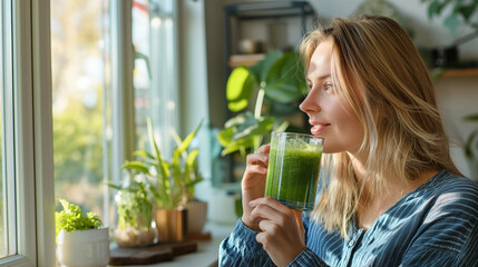 Taking a break from her creative work at home, the woman enjoys a refreshing green juice. Her workspace is bathed in natural light, casting soft shadows that contrast with the vibr