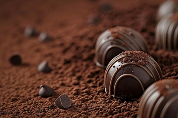 Dark chocolate pralines on rich brown chocolate background, luxurious confectionery still life - obrazy, fototapety, plakaty