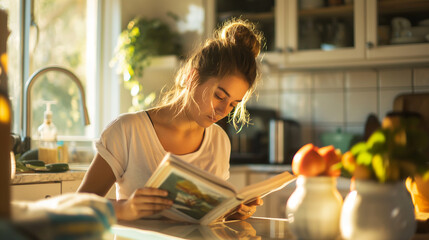 She examines a recipe book on her kitchen island, surrounded by an array of organic vegan ingredients. The afternoon sun filters through, casting soft shadows that underscore her d - obrazy, fototapety, plakaty