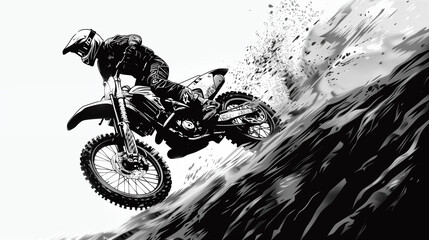 A motocross rider performs a wheelie on a steep mountain slope, portrayed in a dynamic black and white illustration highlighting the thrill of extreme sports. - obrazy, fototapety, plakaty